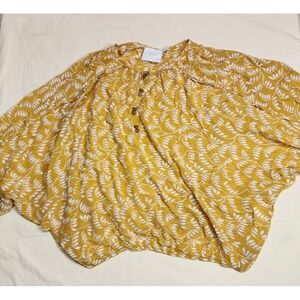 Maeve Anthropologie Top Women Small Yellow White Plant Print Flowy Sleeve Blouse